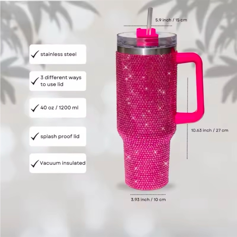 Hot Pink Bling Rhinestone Glam Diamond Tumbler Stainless Steel 40oz Cup - Picture 3 of 3
